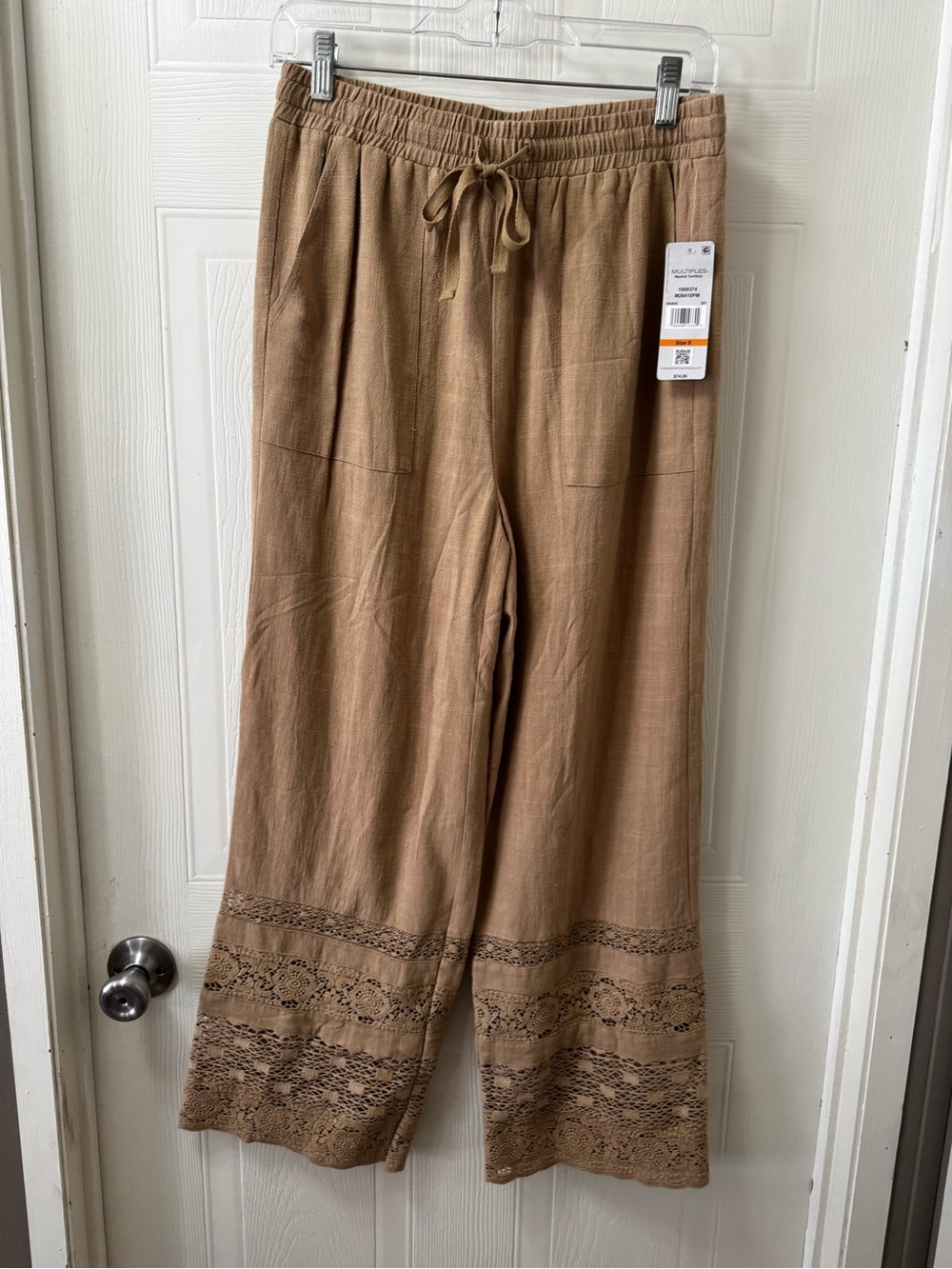 Multiples Brown Wide-Leg Crochet-Hem Pants